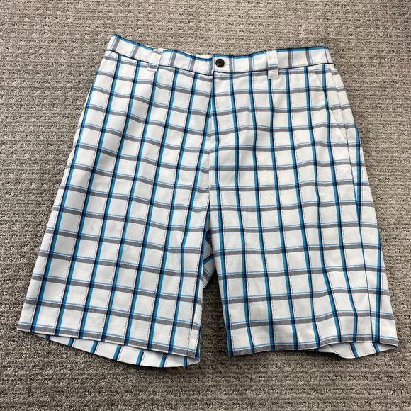 Adidas Golf Shorts Men 34 Chino White Blue Gray Plaid Outdoor Casual Preppy - Picture 1 of 12